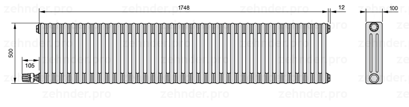 Схема (чертеж) Радиатор Zehnder Charleston 3050/38 №V003 Белый глянцевый RAL 9016